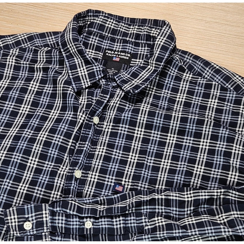 Polo Jean Ralph Lauren Button Down Shirt Men XL Americana Blue Plaid Long Sleeve